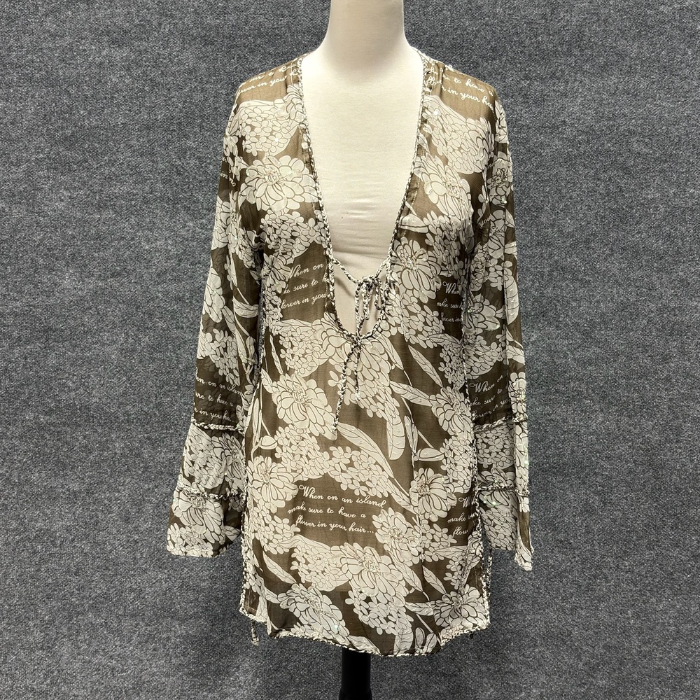 Letarte Cover Up Womens M Brown Floral Sheer V Neck Sequin Tunic Beach Swim